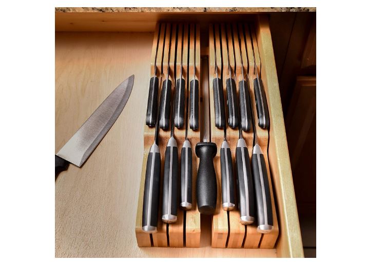 Living In-Drawer Bamboo Knife Block Holds 14 Knives